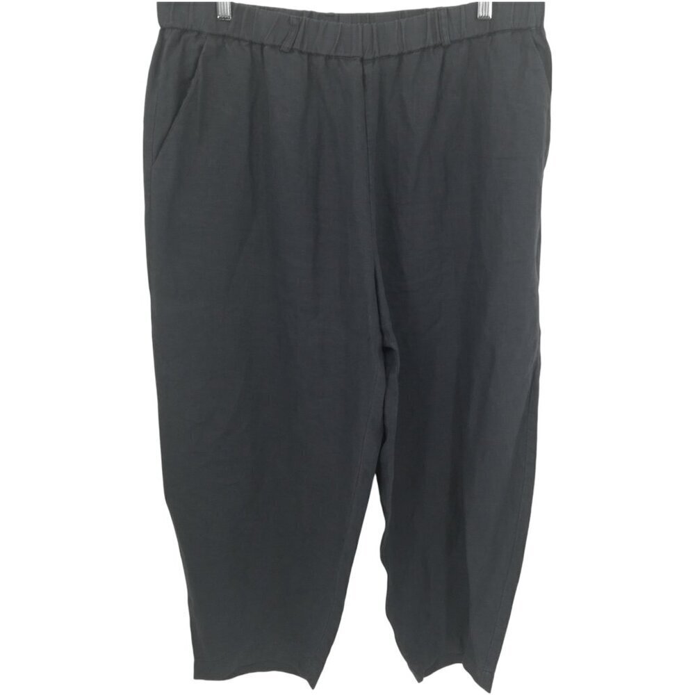 Poetry Gray 100% Linen Pull On Elastic Waist Wide Leg Pants Size 14 Lagenlook